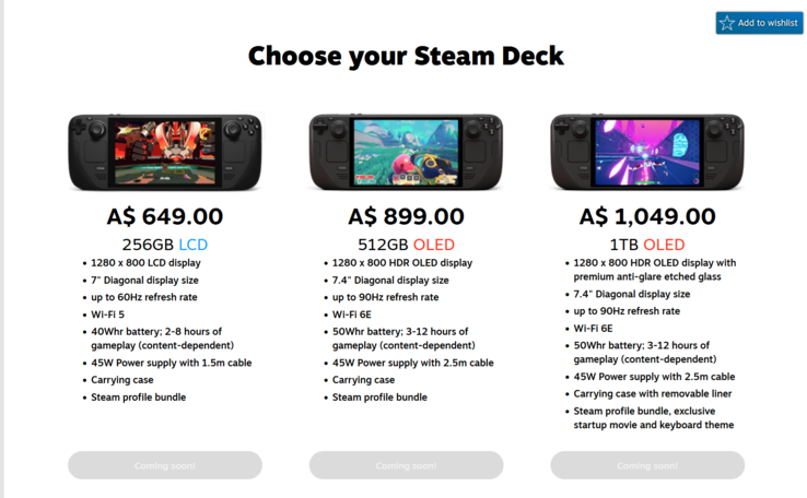 Steam Deck Australië prijzen (bron: Valve)