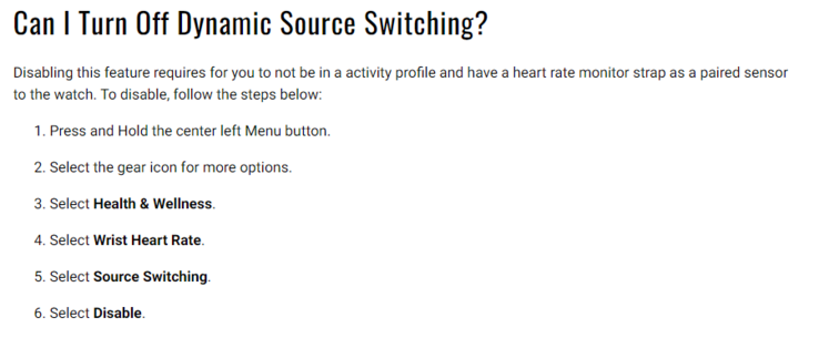 Instructie voor gebruikers om de tool voor het wisselen van dynamische hartslagbronnen uit te schakelen. (Afbeeldingsbron: Garmin)