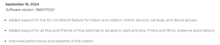 De release notes voor softwareversie 1966117030 voor de Philips Hue Bridge. (Afbeeldingsbron: Philips)