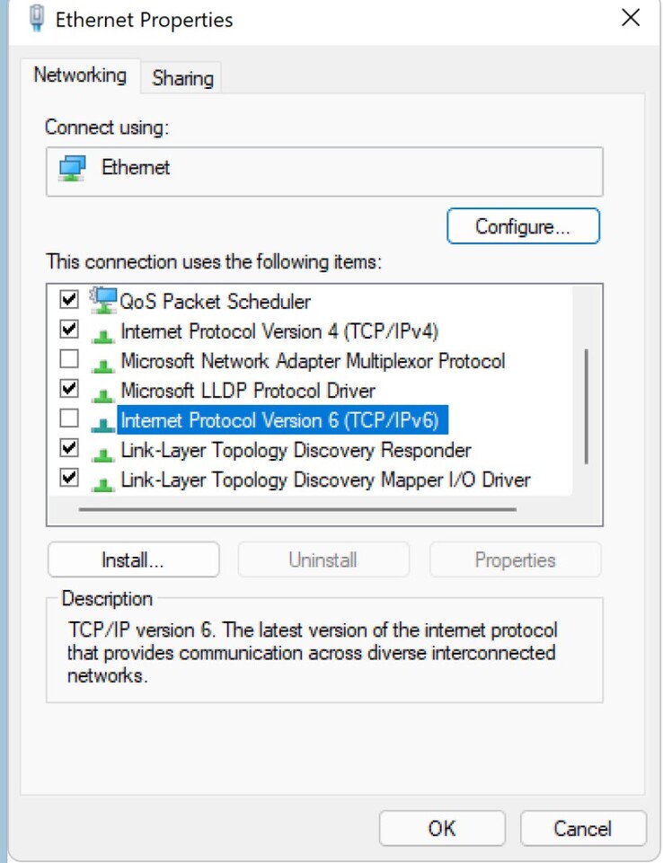 Windows-gebruikers die de beveiligingspatches van augustus 2024 niet installeren, moeten IPv6 uitschakelen in de netwerkadapters. (Afbeeldingsbron: Microsoft)