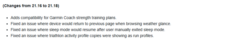 Het wijzigingslogboek voor bètaversie 21.18 voor de Forerunner 255 en Forerunner 955 horloges. (Afbeelding bron: Garmin)