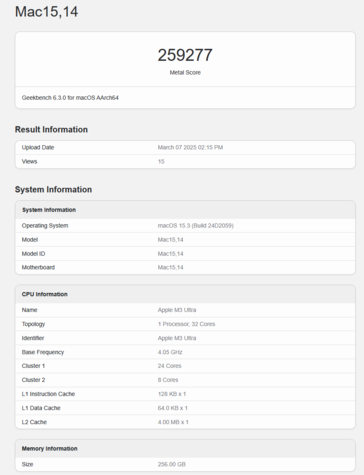 Apple M3 Ultra Geekbench GPU Metal score (beeldscore Geekbench)