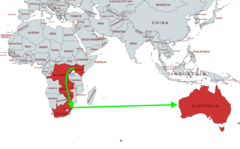 De voorgestelde route voor de nieuwe onderzeese glasvezelkabel van Google doorkruist zuidelijk Afrika en de Indische Oceaan. (Afbeelding via MapChart w/bewerkingen)