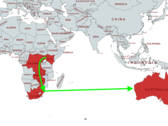 De voorgestelde route voor de nieuwe onderzeese glasvezelkabel van Google doorkruist zuidelijk Afrika en de Indische Oceaan. (Afbeelding via MapChart w/bewerkingen)
