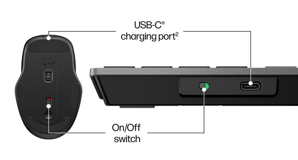 De toetsenbord- en muiscombinaties van HP hebben een USB-C oplaadpoort. (Afbeeldingsbron: HP)