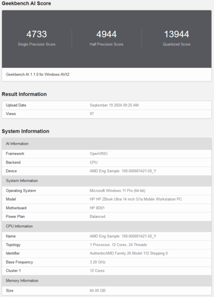 AMD Ryzen AI Max 390 Geekbench AI score (bron: Geekbench)