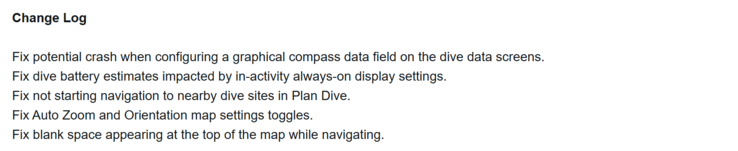 De wijzigingslog voor update 19.50 voor de Garmin Descent Mk3 duikcomputers. (Afbeelding bron: Garmin)