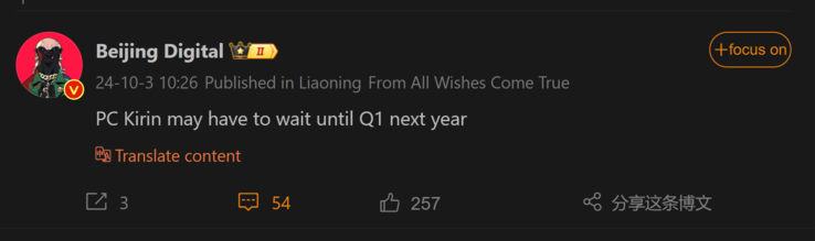 Beijin Digital's rapport over de geruchtmakende Huawei PC Kirin chip (Afbeeldingsbron: Weibo - machine vertaald)