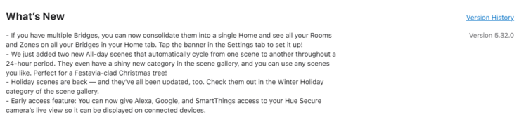 De Philips Hue app versie 5.32.0 release notes. (Afbeeldingsbron: Philips Hue)