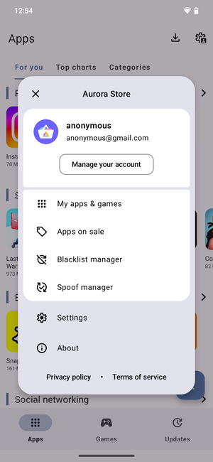 Met de Aurora Store kunt u apps van Google Play downloaden en bijwerken via een anonieme aanmelding (Bron: AuroraStore)