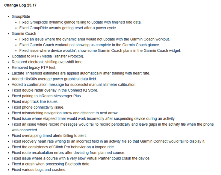 Het wijzigingslogboek voor bèta-update 25.17 voor de Garmin X40 Edge toestellen. (Afbeelding bron: Garmin)