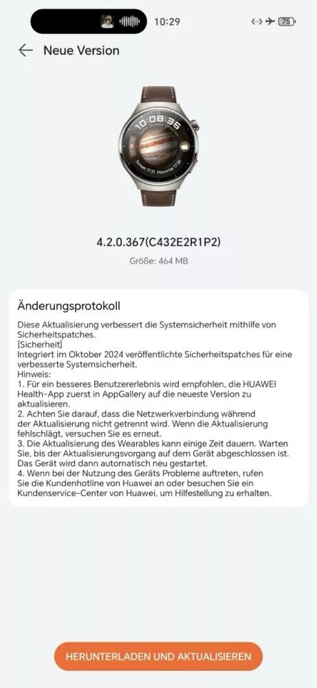 De release notes voor softwareversie 4.2.0.367 voor de Huawei Watch 4 Pro. (Afbeeldingsbron: Huaweiblog.de via Google Translate)