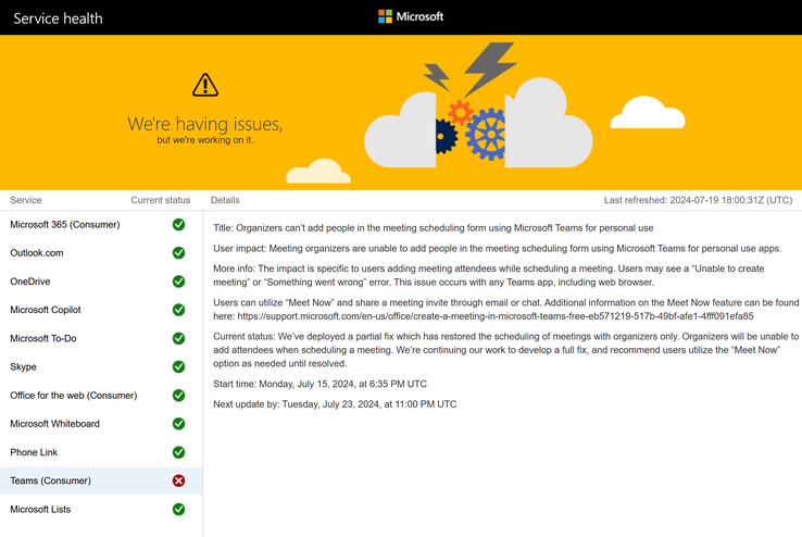 Microsoft Servicestatus vanaf 18:30 UTC op 19 juli 2024. Alleen Teams blijft getroffen door de Azure storing. (Afbeeldingsbron: Microsoft)