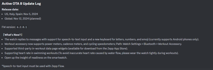 Het wijzigingslogboek voor de Amazfit Active OTA 8 update. (Afbeeldingsbron: Zepp Health Discord)