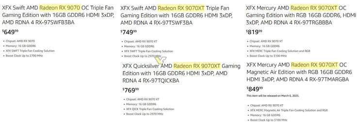 Placeholderprijzen voor XFX RX 9070- en RX 9070 XT-kaarten. (Afbeeldingsbron: VideoCardz)