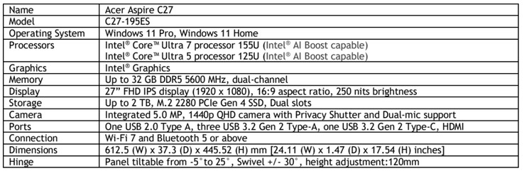 Acer Aspire C27 Intel Meteor Lake specificaties (Afbeelding bron: Acer)