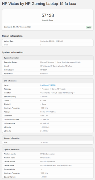 Nvidia GeForce RTX 3050 A Geekbench OpenCL score (bron: Geekbench)