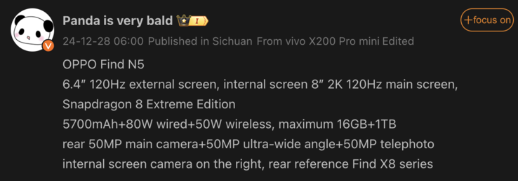 Details van de Oppo Find N5 uitgelekt. (Afbeeldingsbron: Weibo - machine vertaald)