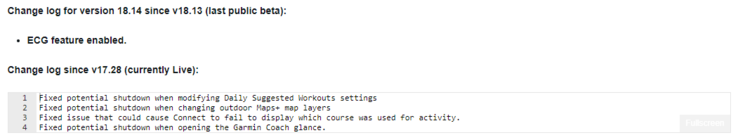 Het wijzigingslogboek voor Garmin Beta-versie 18.14. (Afbeelding bron: Garmin)