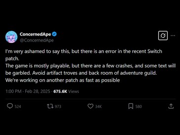 Stardew Valley Switch crasht X post (Afbeeldingsbron: Screenshot, ConcernedApe X account)