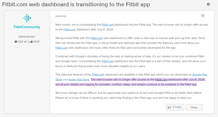 Het forumbericht waarin de pensionering van het Fitbit.com webdashboard wordt aangekondigd.