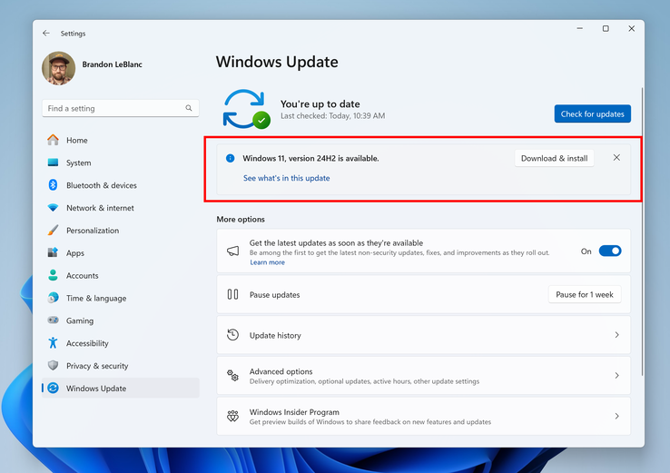 Windows 11 24H2 kan nu worden gedownload als release preview. (Afbeelding: Microsoft)