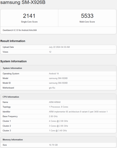 Samsung Galaxy Tab S10 Ultra Geekbench notering (bron: Geekbench)