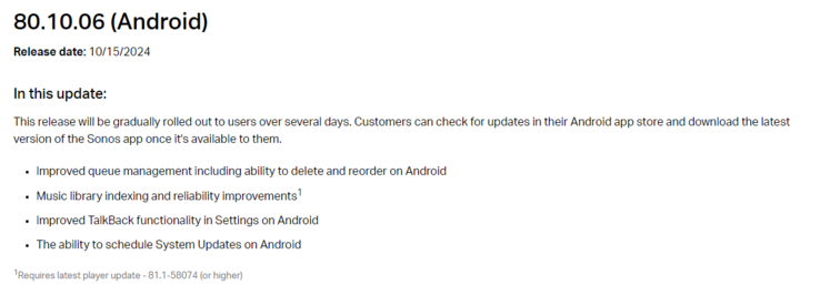 De release notes voor Sonos app versie 80.09.06 voor Android(bron: Sonos)