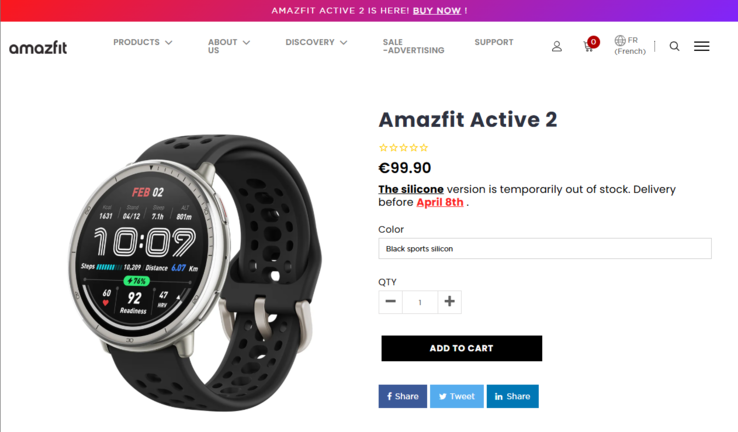 De Amazfit Active 2 smartwatch is in sommige Europese landen niet op voorraad. (Afbeeldingsbron: Amazfit)