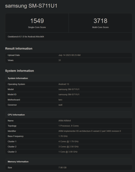 Galaxy S23 FE op Geekbench met een Snapdragon 8 Gen 1 (afbeelding via Geekbench)