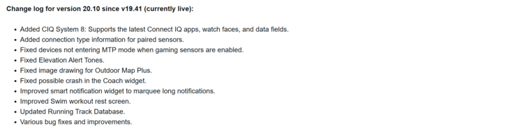 De release notes voor de bètaversie 20.10 update voor de Garmin Fenix 7. (Afbeelding bron: Garmin)