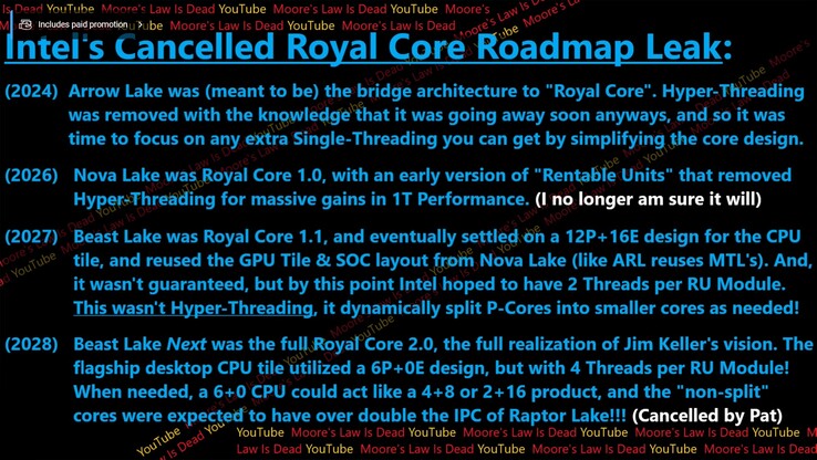 Intel Royal Core CPU stappenplan. (Afbeeldingsbron: Moore's Law Is Dead op YouTube)