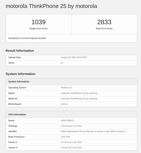 De nieuwe ThinkPhone heeft 8GB RAM, maar er zullen waarschijnlijk ook andere configuraties zijn. (Afbeeldingsbron: Geekbench)