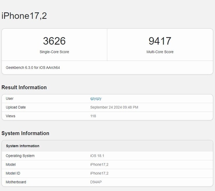 Apple De recente Geekbench-scores van de A18 Pro laten een aanzienlijke prestatieverbetering zien. (Afbeeldingsbron: Geekbench)