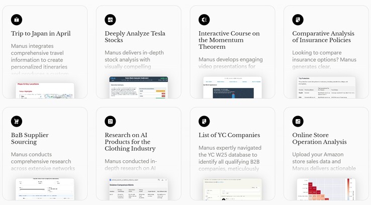 Voorbeelden van complexe prompts die de Manus AI-agent gemakkelijk kan beantwoorden. (Afbeeldingsbron: Manus AI)