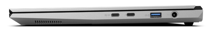 Rechts: USB-C 3.2 Gen. 2 (10 Gbit/s, DisplayPort 1.4a, compatibel met G-Sync, geen Power Delivery), USB-C 4.0 met Thunderbolt 4 (40 Gbit/s, DisplayPort 2.1, Power Delivery), USB-A 3.2 Gen. 2 (10 Gbit/s, voeding), voeding in