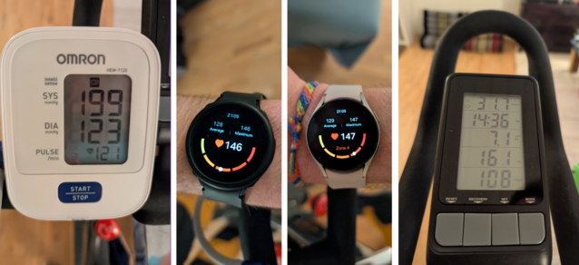 Vergelijking van oefeningen - Links: Omron. Midden links: Galaxy Watch 4. Midden rechts: Galaxy Horloge 5. Rechts: Fiets (Afbeelding Bron: David Devey / Notebookcheck)