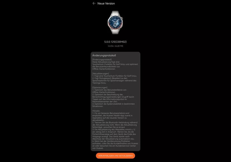 Het wijzigingslogboek voor firmwareversie 5.0.0.125 voor de Huawei Watch GT 5 Pro. (Afbeelding bron: Huaweiblog.de)