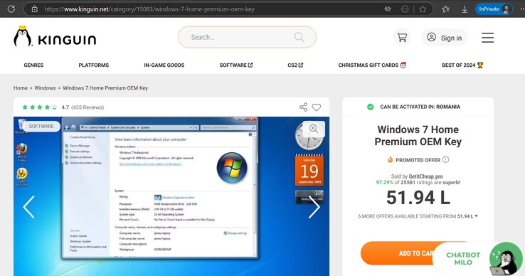 De Kinguin pagina met Win 7 Home Premium voor 52 Roemeense lei (~$11). Afbeeldingsbron: Screenshot