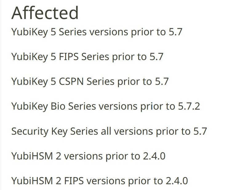 De genoemde apparaten zijn kwetsbaar voor het beveiligingslek en gebruikers moeten overwegen om ze te vervangen. (Afbeeldingsbron: Yubico)