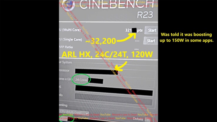 Arrow Lake HX Cinebench R23 prestaties. (Afbeeldingsbron: Moore's Law Is Dead op YouTube)