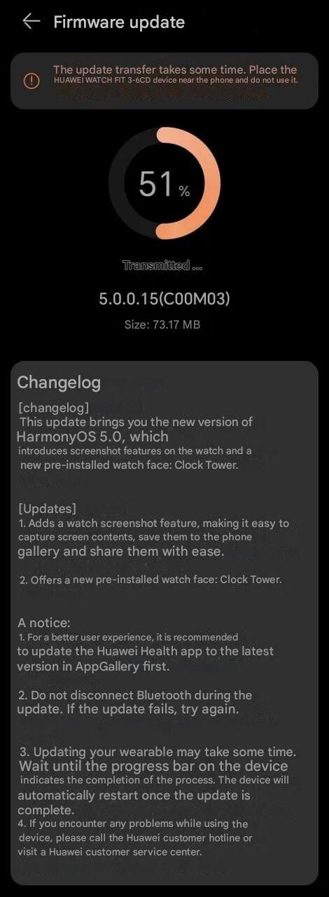 De release notes voor versie 5.0.0.15 voor de Watch Fit 3. (Afbeeldingsbron: Huaweiblog.de via Google Translate)