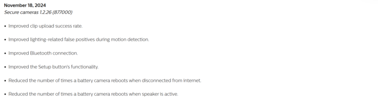 Het wijzigingslogboek voor updateversie 1.2.26 voor Philips Hue Secure-camera's. (Afbeeldingsbron: Philips Hue)