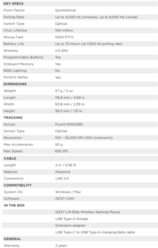 NZXT Lift Elite specificaties (bron: NZXT)