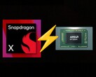 Het instapmodel Snapdragon X gaat de strijd aan met de Ryzen 7 8840U in Geekbench 6 multi-core. (Afbeelding bron: AMD, Qualcomm, bewerkt)