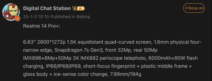 Uitgelekte specificaties van de Realme 14 Pro+. (Afbeeldingsbron: Weibo - machine vertaald)