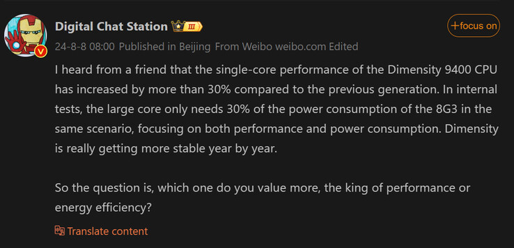 Laatste verslag van Digital Chat Station op Dimensity 9400 (Afbeeldingsbron: Weibo [machine vertaald])