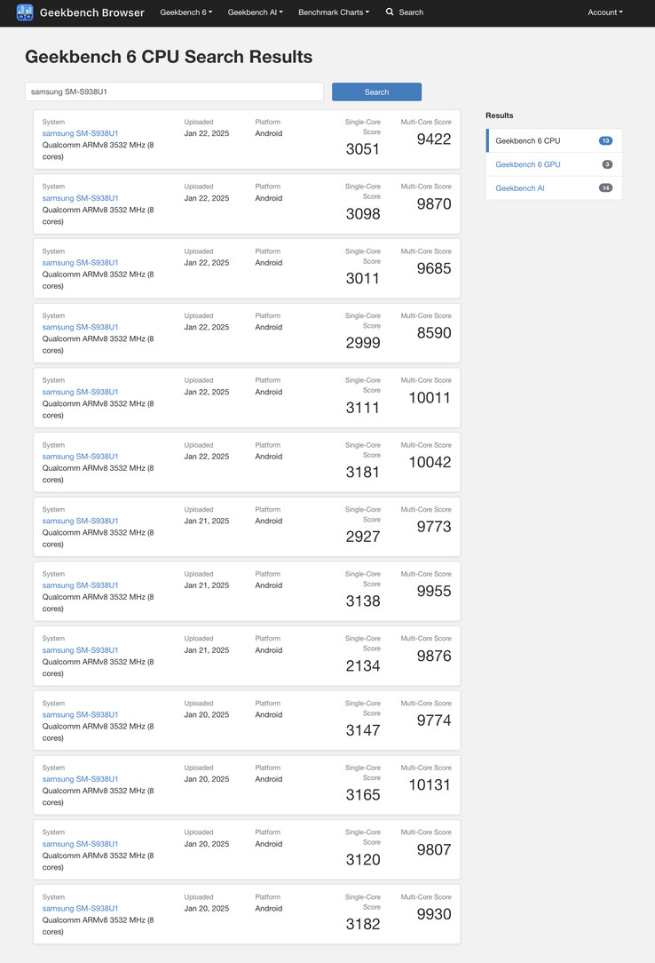 De Snapdragon 8 Elite voor Galaxy lijkt weinig merkbare verbetering van de CPU-prestaties te bieden in Geekbench. (Afbeeldingsbron: Geekbench)