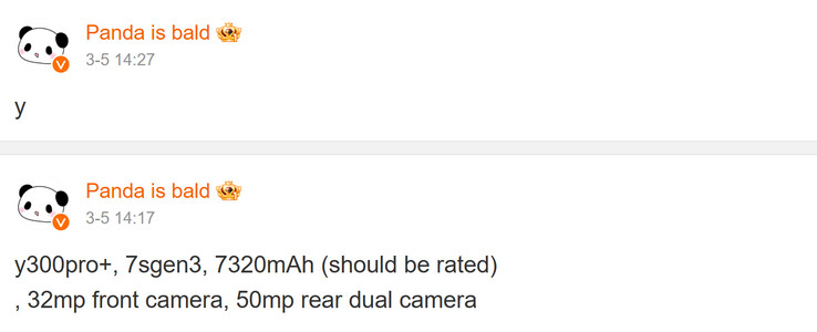 De kernspecificaties van de Vivo Y300 gedeeld door Panda is kaal (Afbeelding bron: Weibo - machine vertaald)