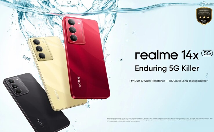 De Realme 14x is verkrijgbaar in de kleuren Crystal Black, Golden Glow en Jewel Red (Afbeelding bron: Realme)